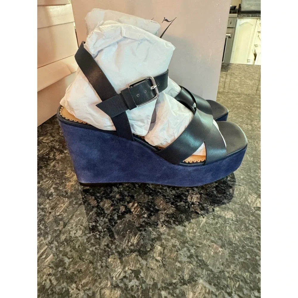 Cinq a Sept Sasha Vachetta Navy Leather Suede Wedge Sandals SS087L10132Z Size 40